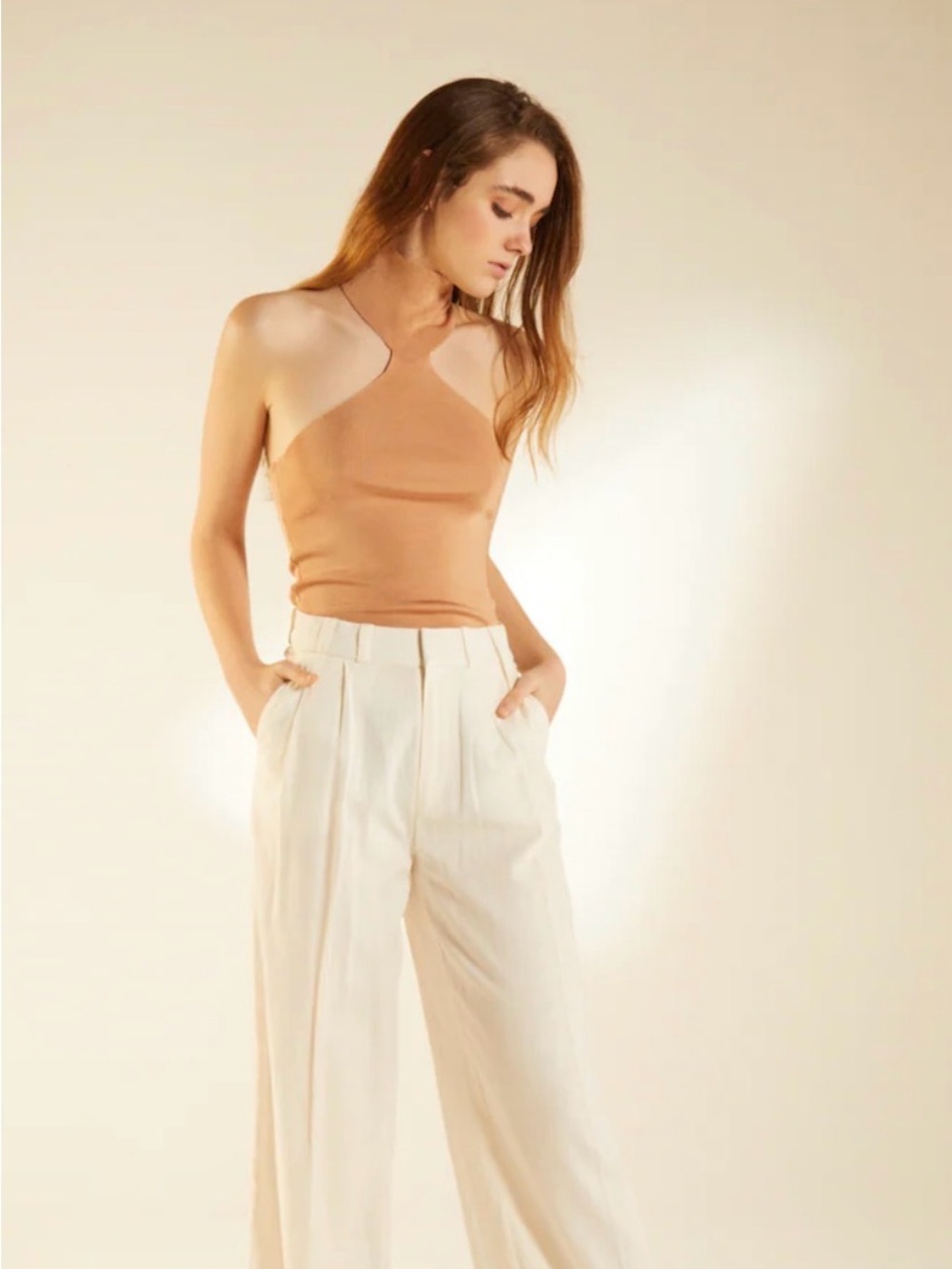Deluc Tan Shimmery Gold Halter Neck Tank Top Tank Blouse